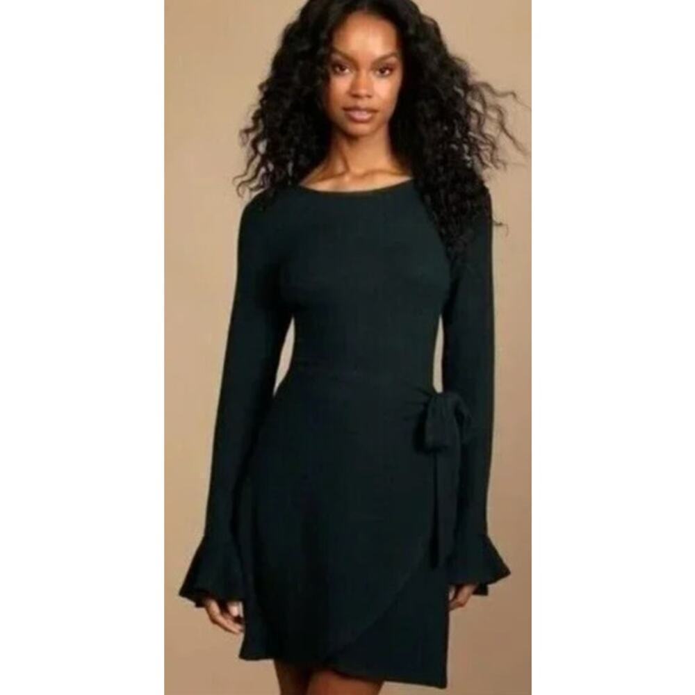 Lulus Favorite Tune Sweater Dress Faux Wrap Bell Sleeve Black NWT XL